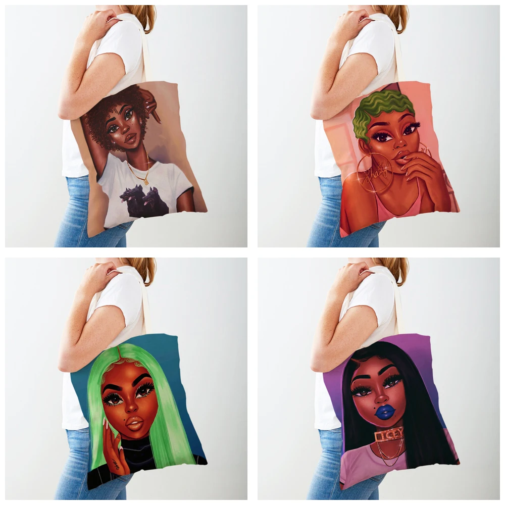 Fashion Cartoon Beautiful African Girl Shopping Bag for Women Casual Black Lady Canvas Shopper Bag Reusable Eco Tote Handbag