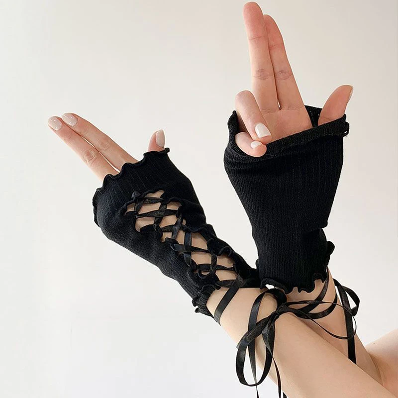 1Pair Y2K Lolita Style Gloves Sweet Girl Lace Up Ruffles Arm Sleeve JK Gothic Fingerless Gloves For Women Cosplay Accessories