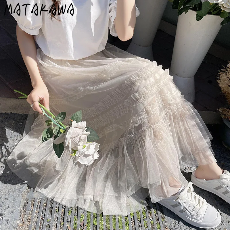 Matakawa Mesh Ruffles Long Skirt Solid Spring Summer Sweet Korean Fashion A-line Women Skirts High Waist Retro Faldas Mujer