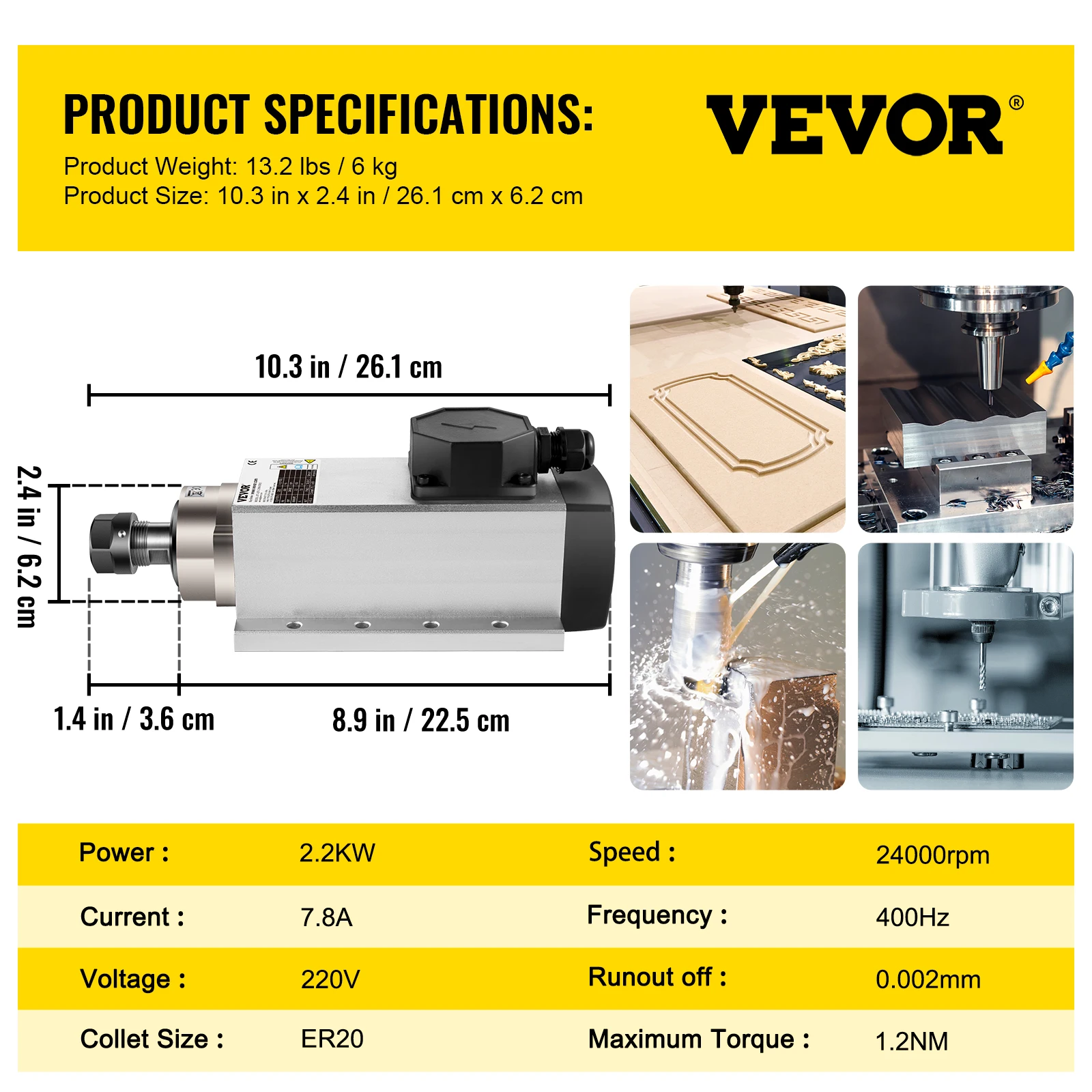 VEVOR 2.2KW CNC Square Air Cooled Spindle Motor ER20 Collet 4 Bearing Frequency Converter CNC Router Engraving Milling Machine