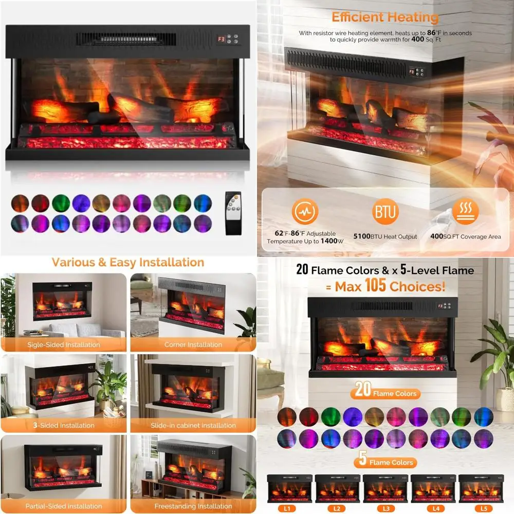 سخان كهربائي زجاجي ثلاثي الجوانب مقاس 36 بوصة مع جهاز تحكم عن بعد، مثبت على الحائط وإدخال مدفأة مجوفة للمنزل