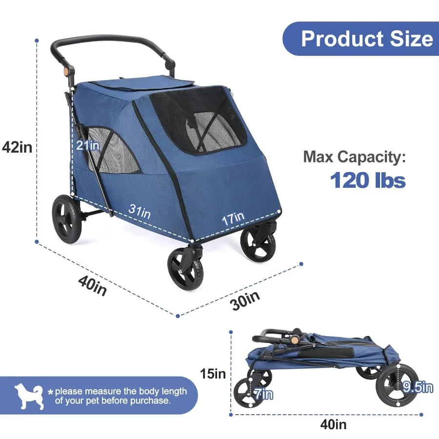 Upgraded Dog Stroller for Medium Large Dogs - Upto 120 lbs Pet Jogger Wagon Travel Folding Carrier with Adjustable Handle Sunro