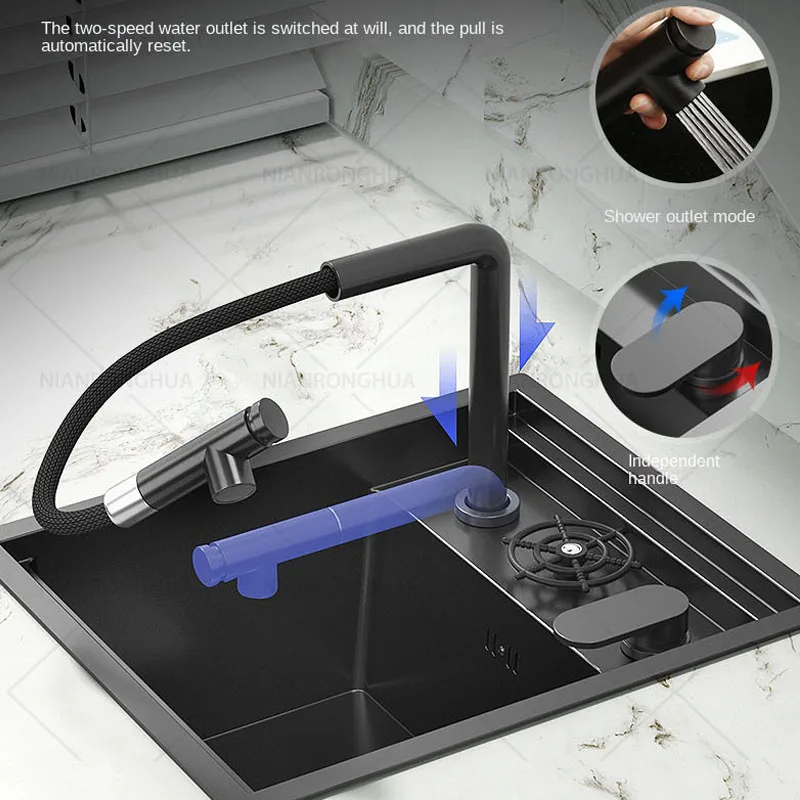 

Nano Stainless Steel cover black plate Kitchen Sink Stainless Steel Soap Dispenser Pull-out Faucet Cup Washer