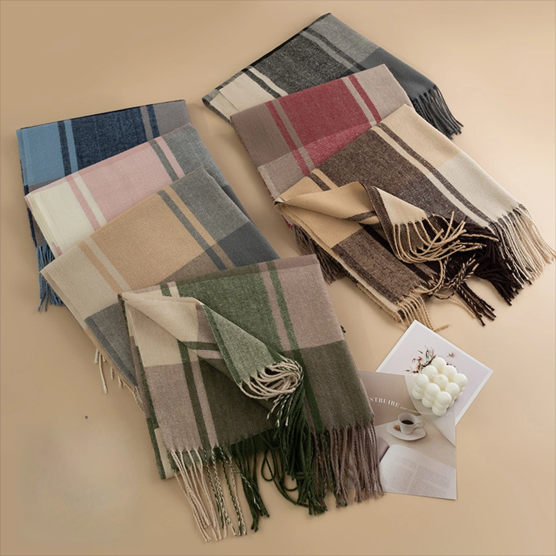 Spring New British Style Sub-imitation Cashmere Fringed Scarf for Girls' Advanced Sense of Cold-proof and Warm Scarf