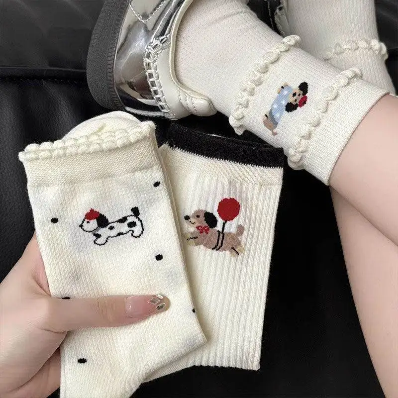 Pure Cotton Breathable Summer Thin Socket Anti-Fungus Odor Control Women's Mid-Calf Socks with Cute Doggie Lace No-Cuff