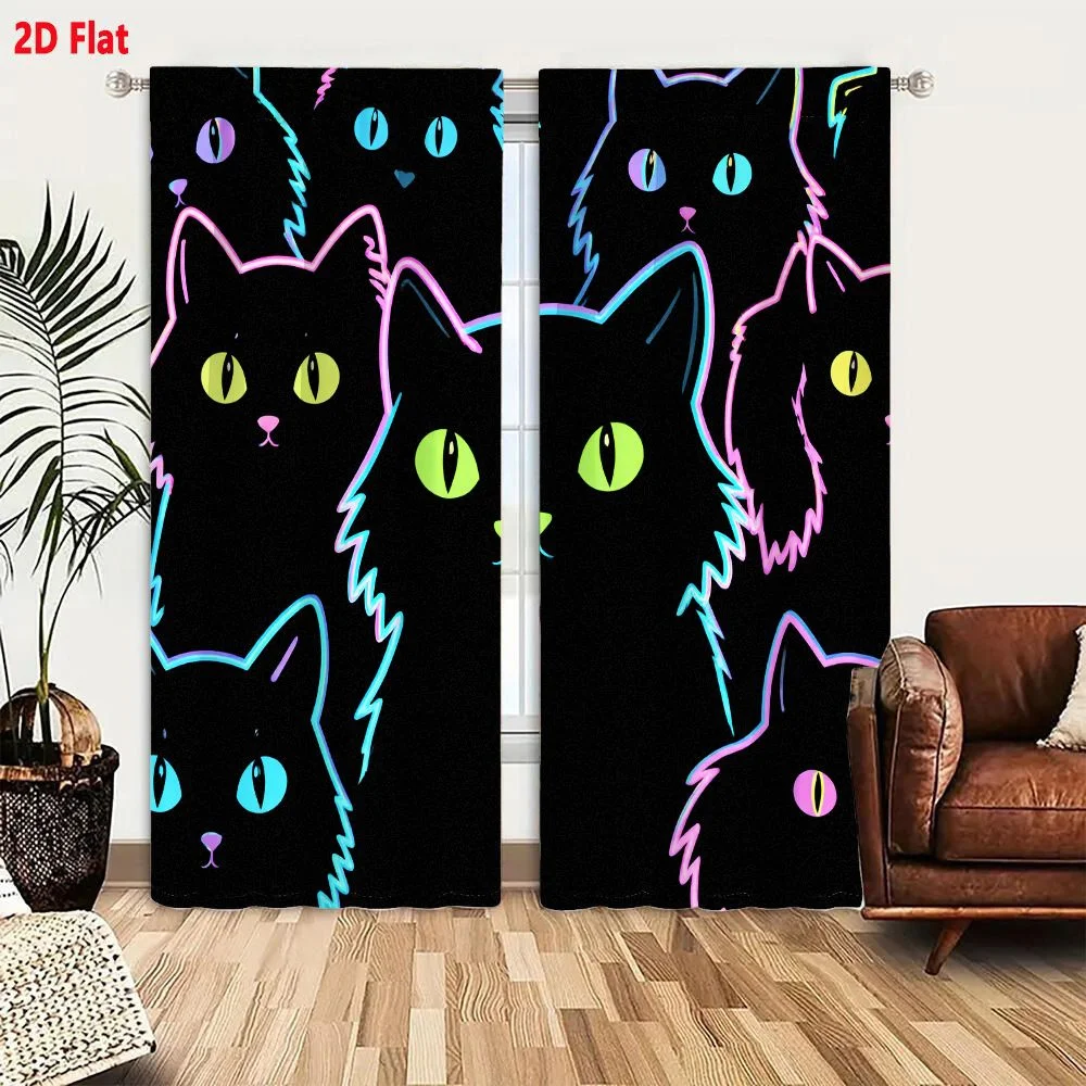 2Pcs Curtains 2D Flat Black Background Neon Outlined Silhouette Cats With Colorful Eyes And Noses Window Drapes for Bedroom Room