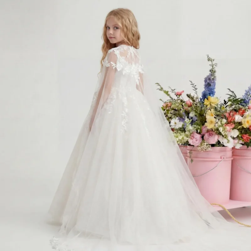 White Lace Tulle Cape Flower Girl Dress Embroidery Applique Floor Trailing Train Kids Gown Wedding Bridesmaid Baptism Communion