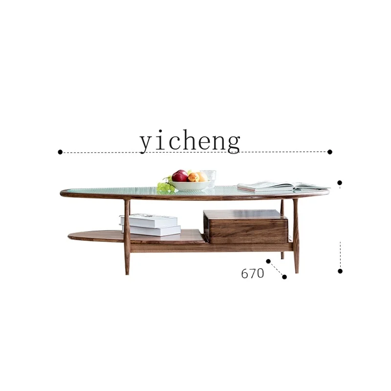 

XC Solid Wood Tea Table Black Walnut Nordic Light Luxury and Simplicity Tempered Changhong Glass Living Room Furniture