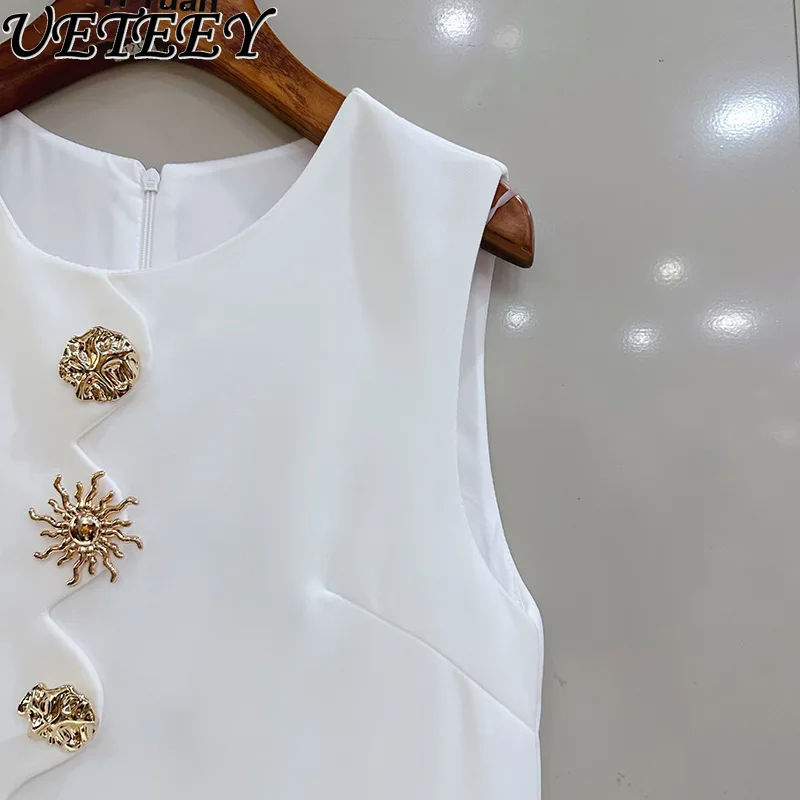 Nicho exquisito botón cuello redondo cintura alta adelgazante vestido sin mangas para mujeres elegante único nuevo estilo camiseta sin mangas vestidos cortos