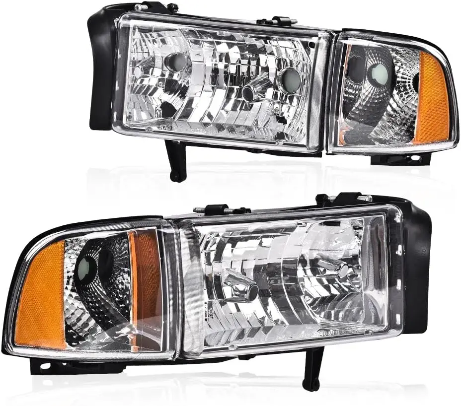 Headlights Lamps Compatible with Dodge Ram 1500 1994-2001/Fit Dodge Ram 2500 3500 1994-2002 Clear lens Chrome Housing Amber Refl