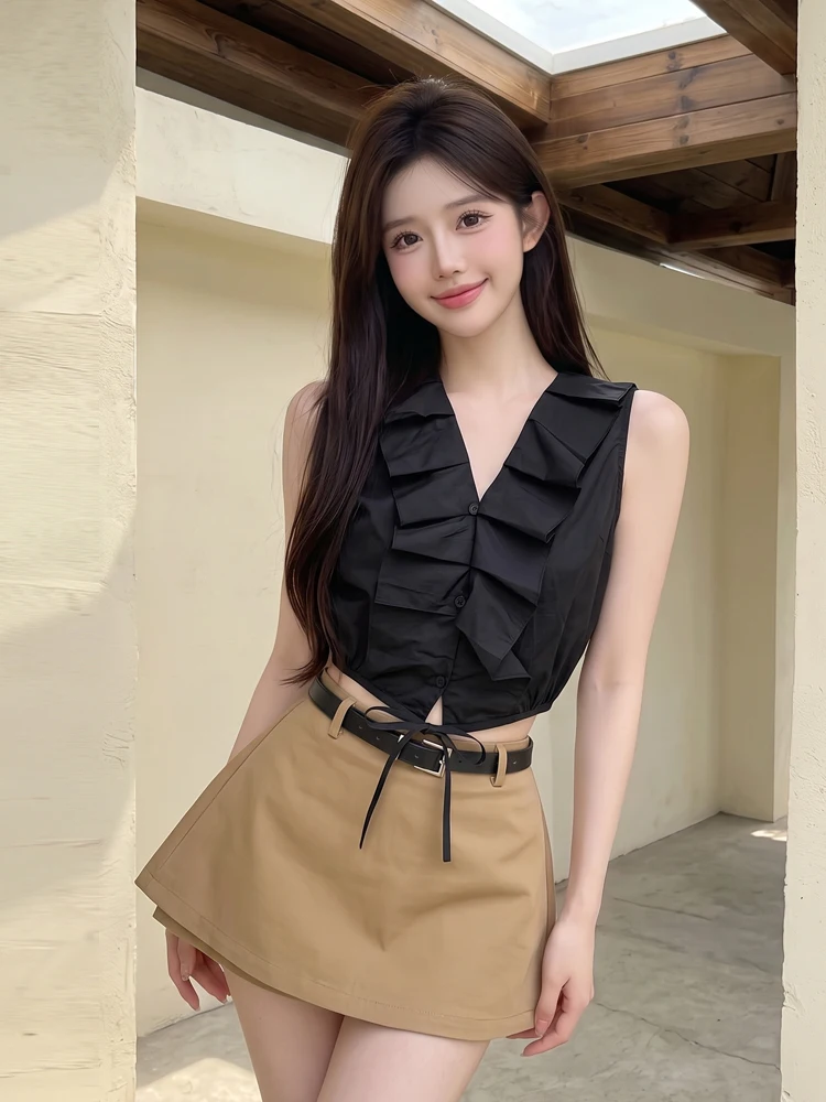 Slimming Effect Shoulder Bared Single Buttonless Sleeveless Collared Shirt Top with Casual Pants And Skirt Two Piece Set for ...