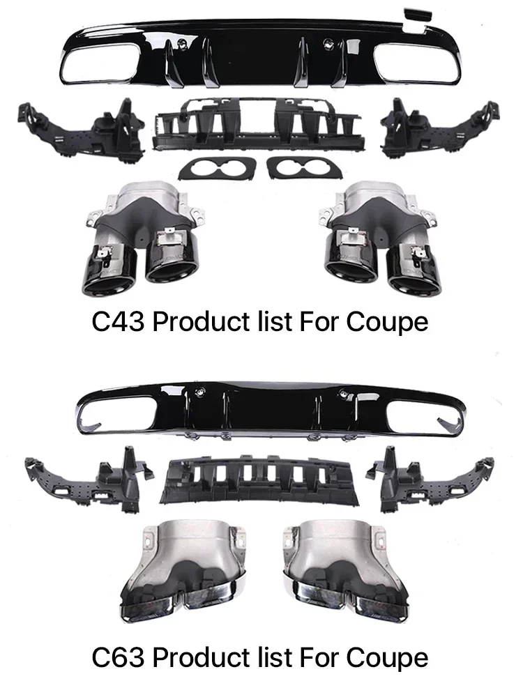 C63 C43 Style AMG Look For Mercedes Benz C Class W205 C205 S205 A205 Sedan Coupe Rear Diffuser With Exhaust Pipes 2015-2021