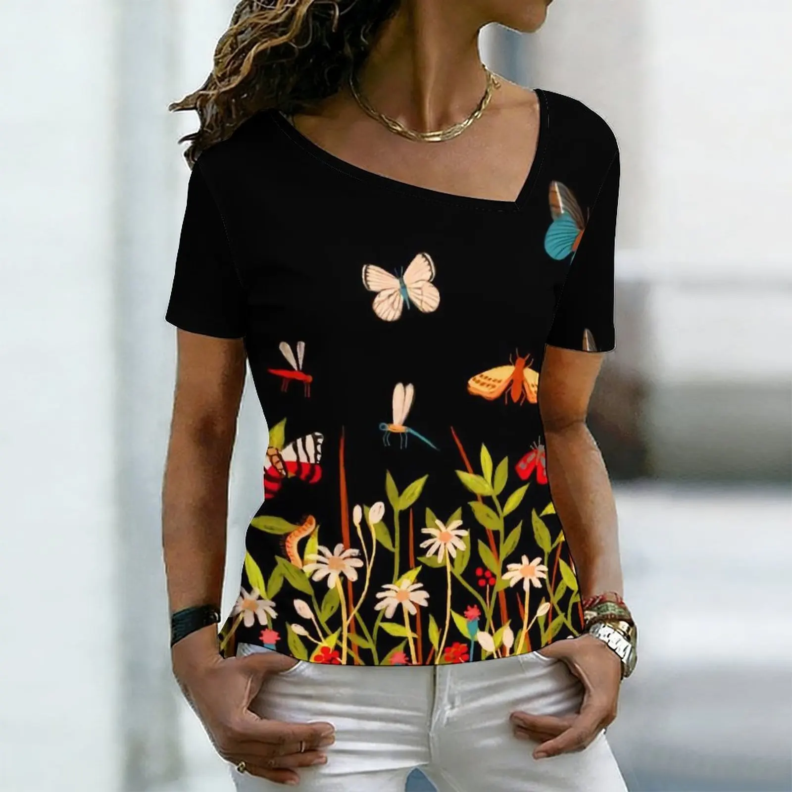 Women Sparkly Butterfly Print Square Asymmetric Neck Short Sleeve Casual Summer Tops