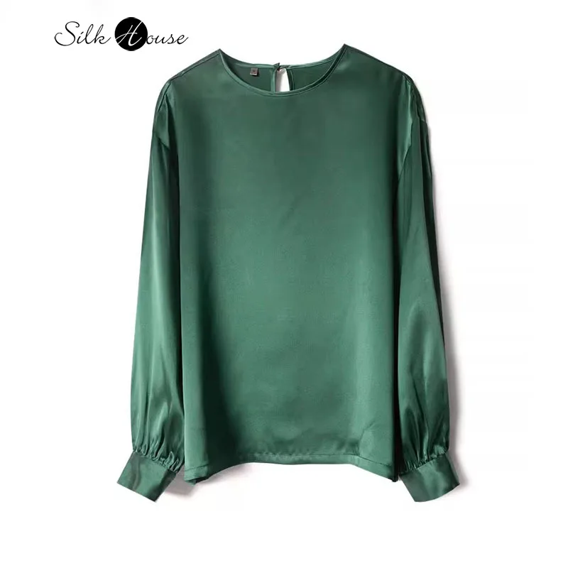 

2024 Women's Fashion Autumn New 100% Natural Mulberry Silk Satin Dark Green Casual Versatile Round Neck Long Sleeve T-shirt