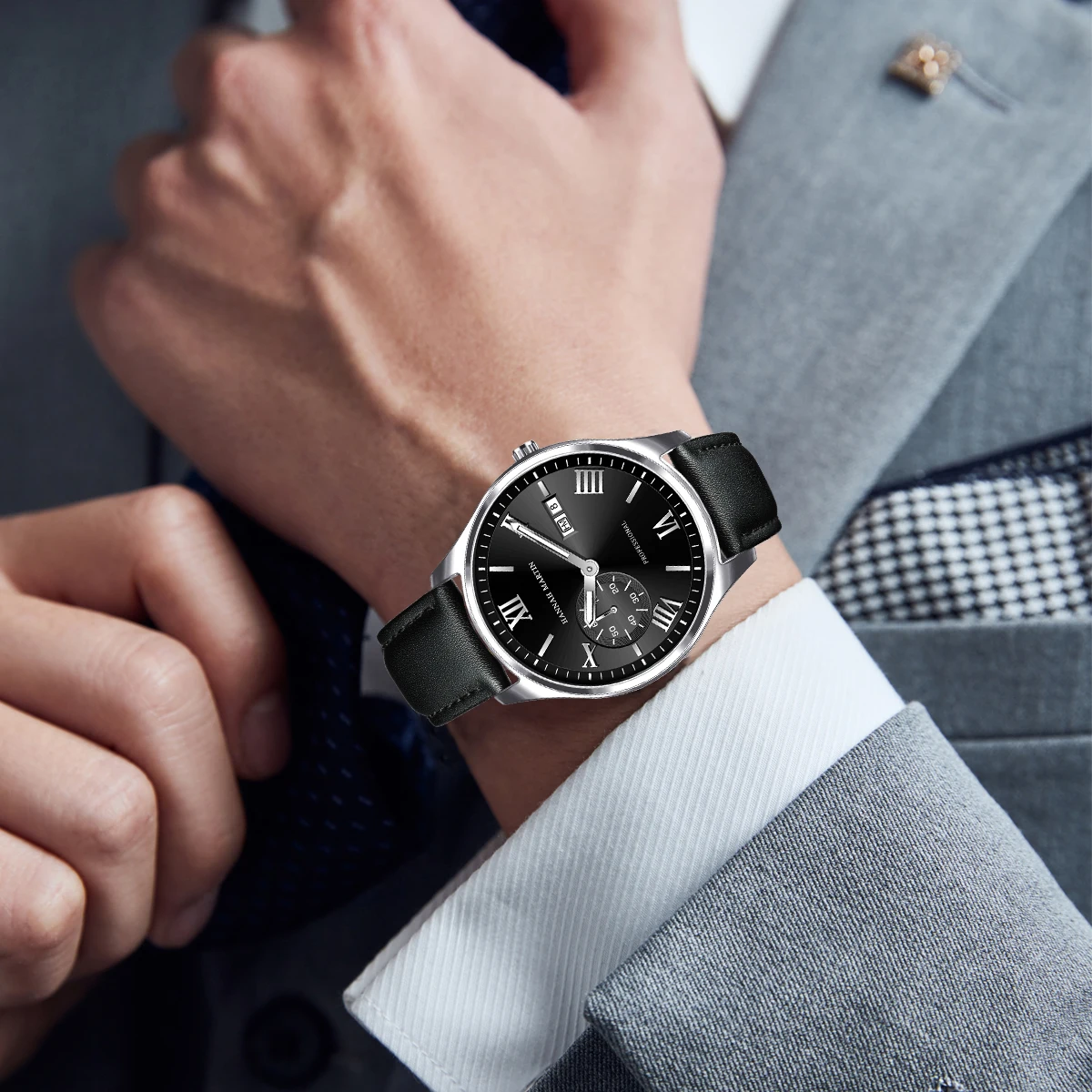 ساعة كوارتز رجالية أصلية ماركة هانا مارتن موضة تقويم مزدوج توقيت أسود كاجوال هدية ساعة معصم للرجال reloj hombre