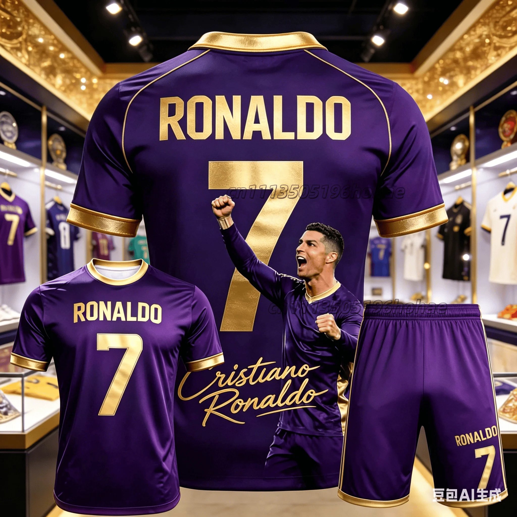 Sommer Ronaldo Nr. 7 Fußball-Superstar Muster Bedrucktes Schnelltrocknendes Fußball-Trainings-T-Shirt und Shorts Set für Männer und Frauen – Detail 5