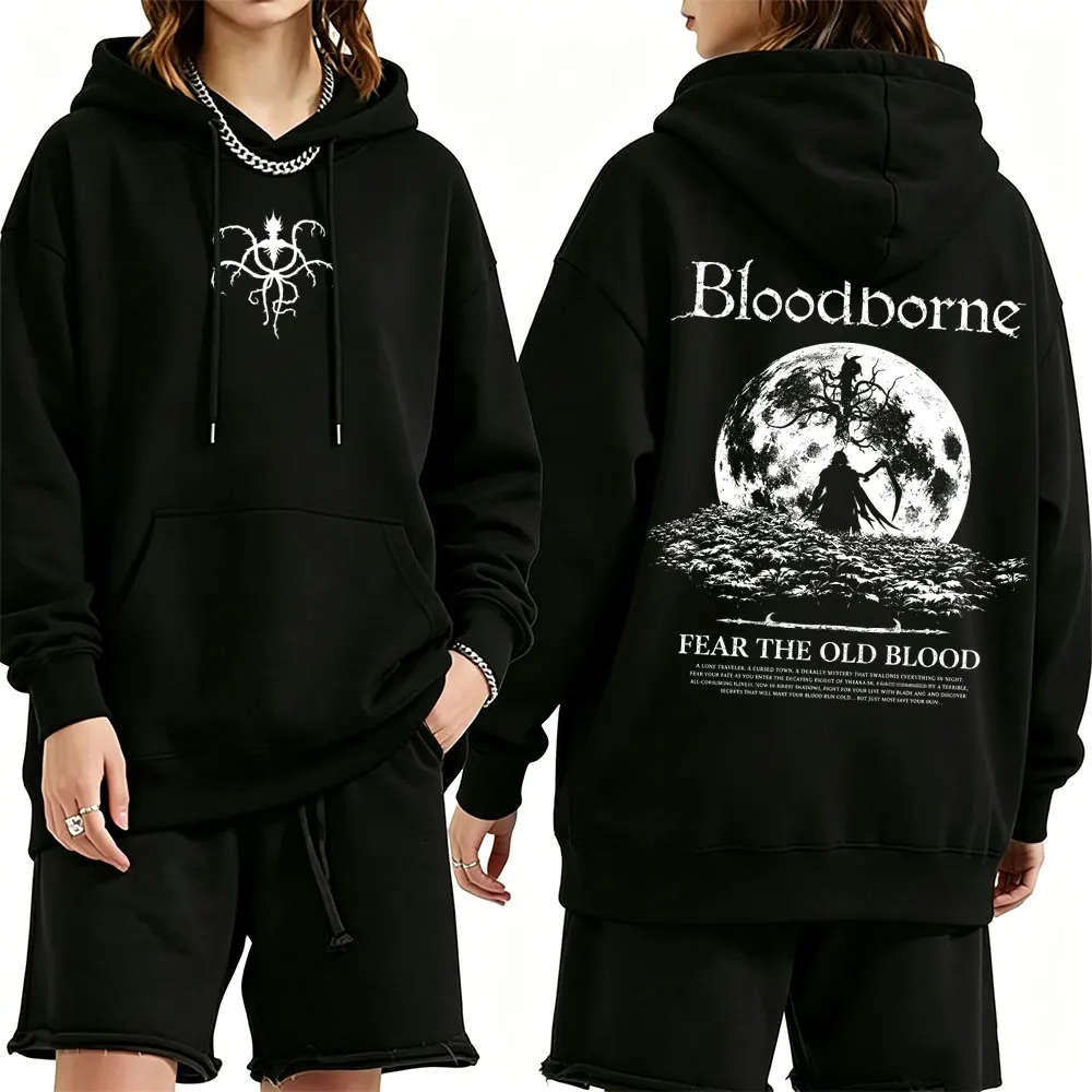 Game Bloodborne Fear The Old Blood Print Hoodie Men Women Casual Horror Style Pullover Hoodies Male Casual Oversized Streetwear
