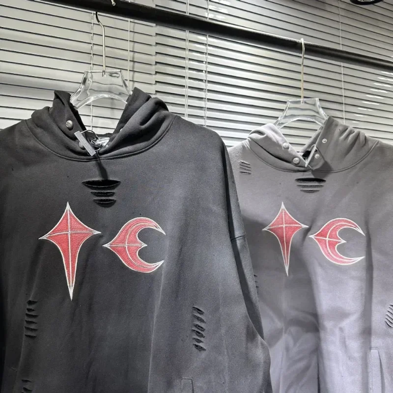 

South Korean Hoodies, Starry Moon Patchwork Pattern, Worn-out And Damaged Hoodies, Men's And Women's Hoodies Y2k 한국인 리뷰 많은 옷