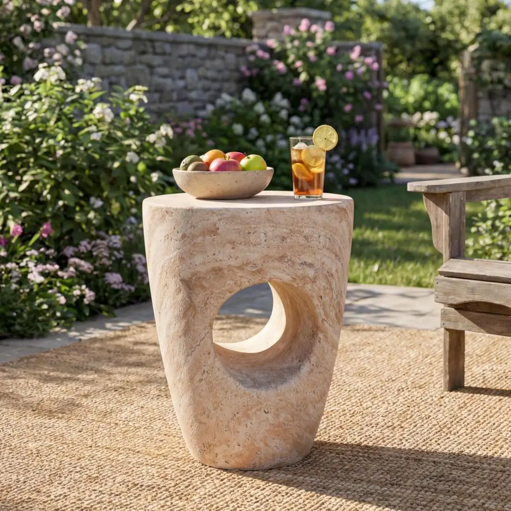 14.5'' Sculptural Hollow Magnesia Oxide Side Table: Durable, Lightweight, Indoor/Outdoor