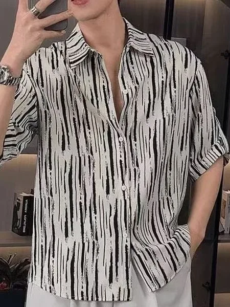 

Summer Men's Loose Fit Striped Short Sleeve Shirt Casual Turn-down Collar mid Sleeve Breathable Comfortable Ice Sensation New...