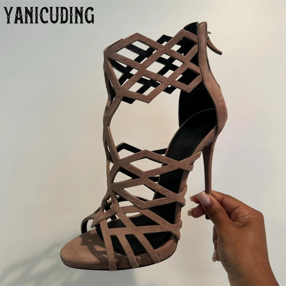 

Cutout Gladiator Sandals Round Open Toe Stilettos Sexy Style High Heeled Summer Shoes Black Brown Suede Handmade Women's Sandals