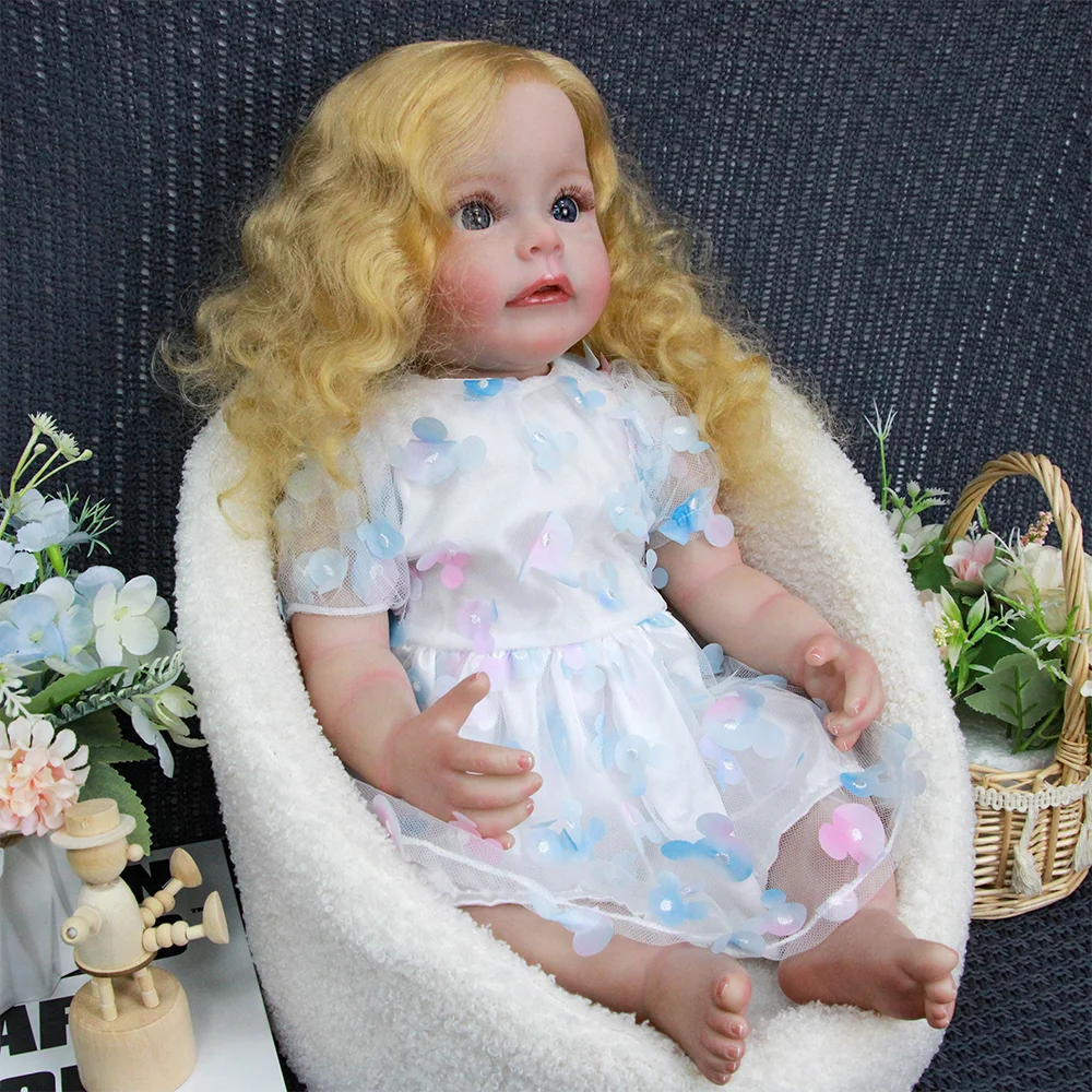 Muñeca Reborn Girl de vinilo de 22" - Pelo rubio rizado, ojos azules, vestido de princesa blanco, poseable con chupete/botella/crema de nacimiento, regalo
