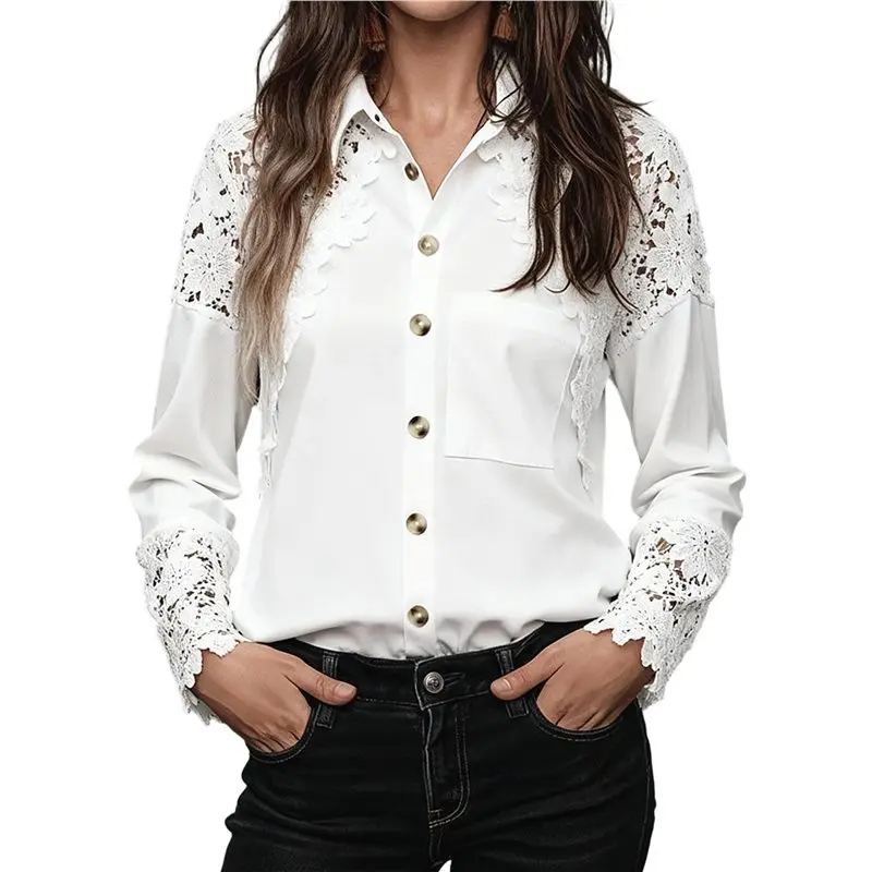 

CYL-Women's Lace Crochet Mock Neck Long Sleeve Button Elegant Blouse Shirt Top