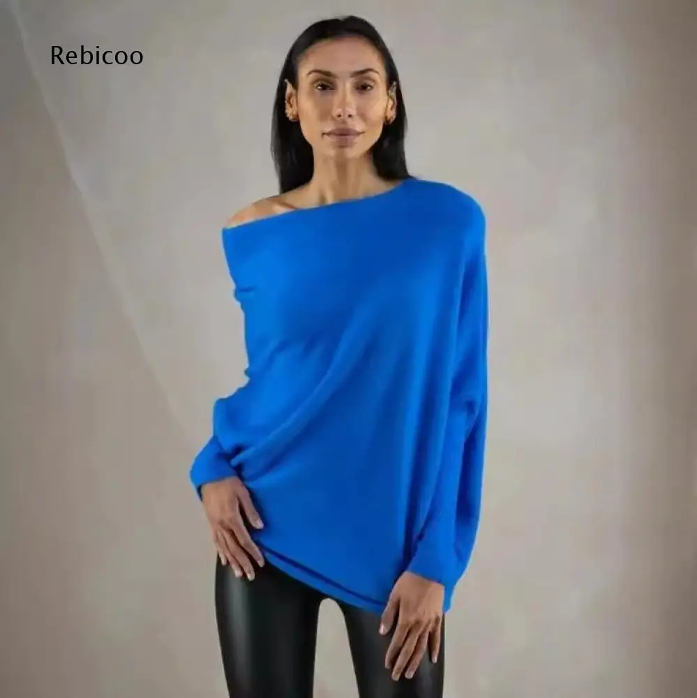 Soft Relaxed Knit Blouse For Women Boat Neck Batwing Long Sleeve Drop Shoulder Loose Fit Solid Casual Daily Pullover Top