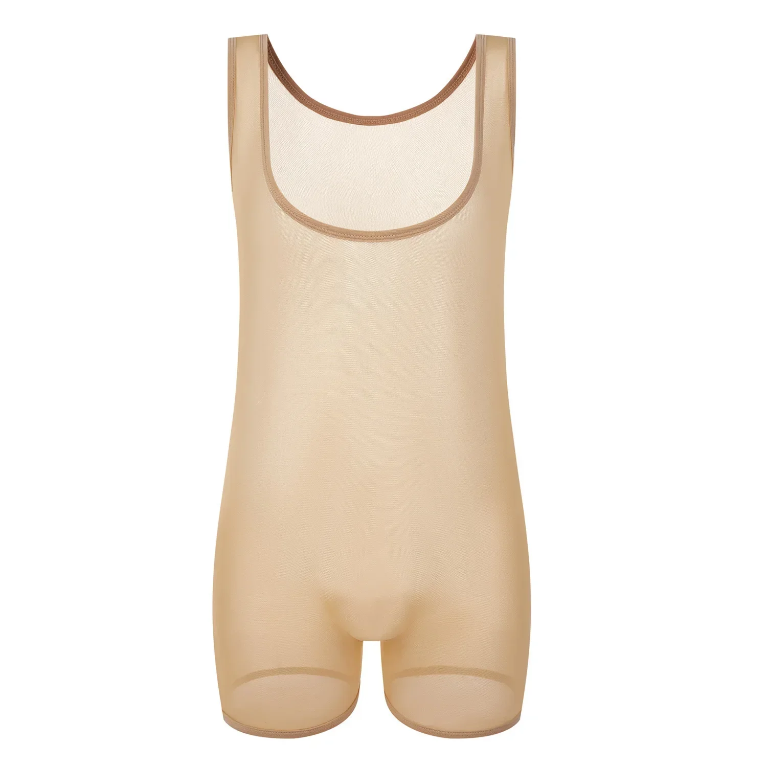 Men's Sheer Mesh Bodysuit, Sexy Transparent Mesh Sleeveless One-piece Boxer Underwear