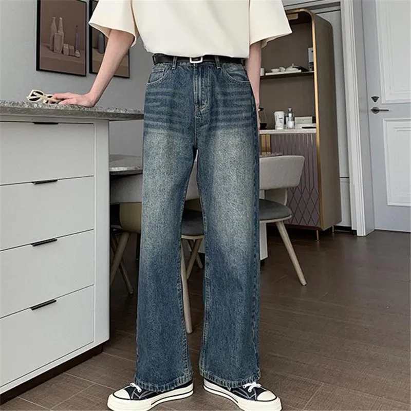 Blue High Street Fashion Jeans Men\'s Clothing Solid Color Wash Straight Leg Pants Button-pocket Loose Summer Trousers A054