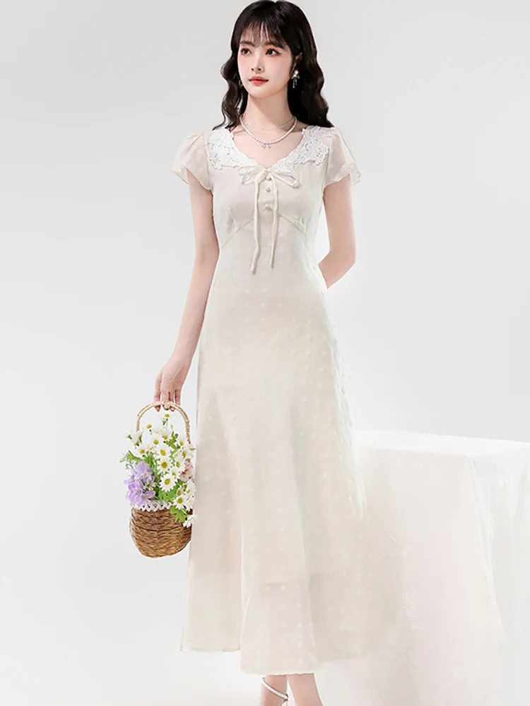 

2025 New White Polka Dot Chic Bow Lace V-Neck Long Dress Women Korean Bodycon One Piece Dresses Summer Elegant Casual Home Dress