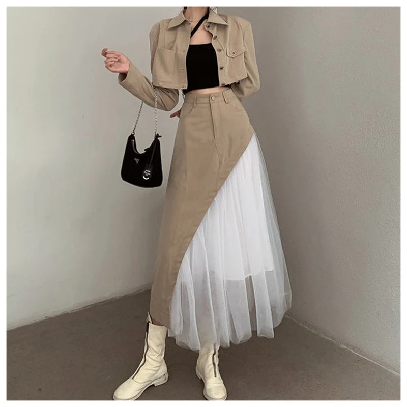 Short suit jacket, high waisted mesh skirt, two-piece set for women\'s 2024 autumn new workwear set