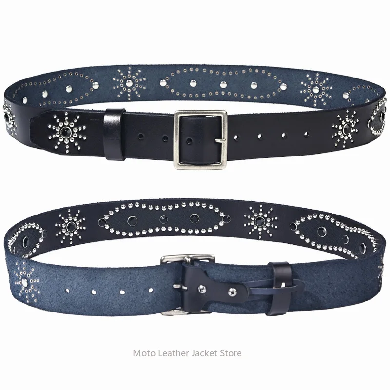 American Casual Style 4.5cm Wide Cowhide Belt, Imitation Turquoise Inlay, Personalized Punk Rivets Unisex Belts