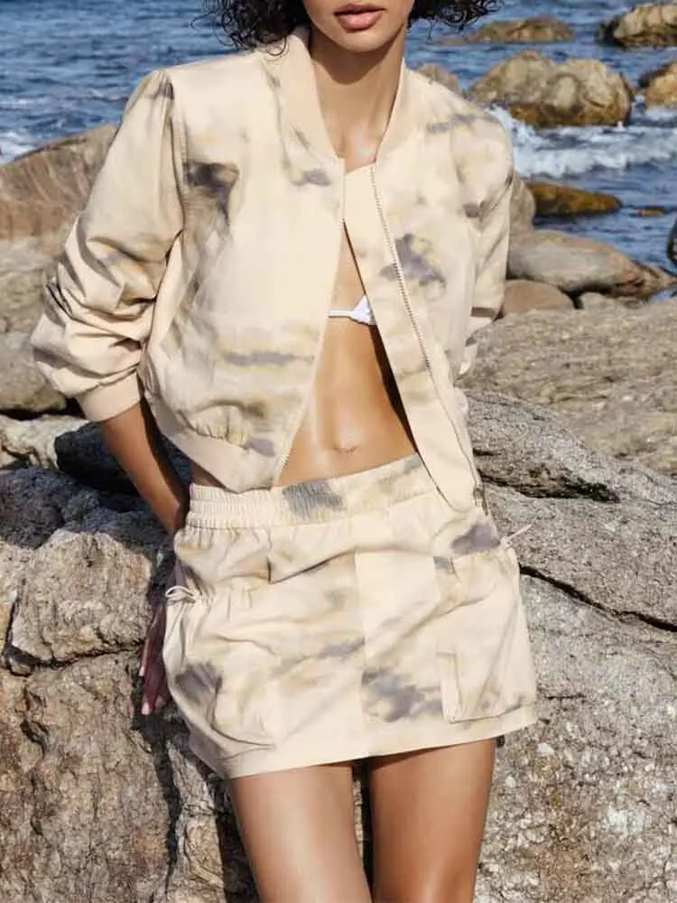 

European style new women's fashion versatile temperament simple printed jacket coat short skirt suit
