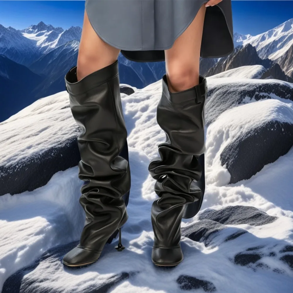 2025 New Women\'s Autumn Winter Street Style Chunky Heel Round Toe Over The Knee Thigh High Boots Large Size Stacked Boots