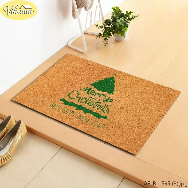 VIKAMA Christmas and New Year Doormat Retro Coconut Look Minimalist Text Print Non Slip Entryway Rug Washable Home Decor