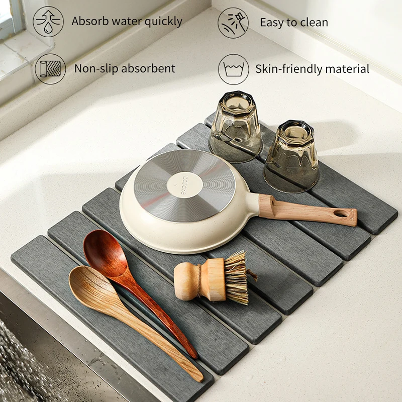 

30x40cm Kitchen Stone Dish Drying Mat Super Absorbent Diatomaceous Earth Draining Mat Foldable Countertop Stone Dish Mat
