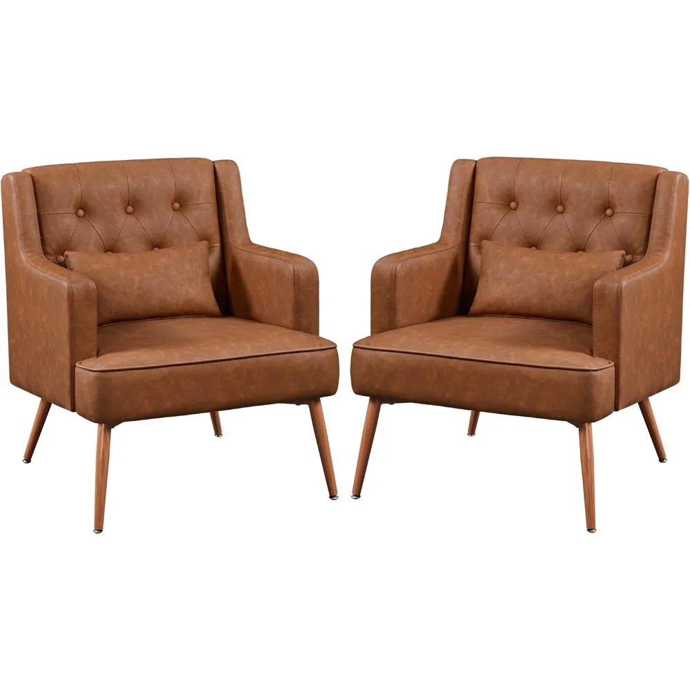 

Accent Chair, Living Room Chair Mid Century PU Leather Armchair Lumbar Pillow, Comfy Upholstered Reading Chair Wood Leg Bedroom