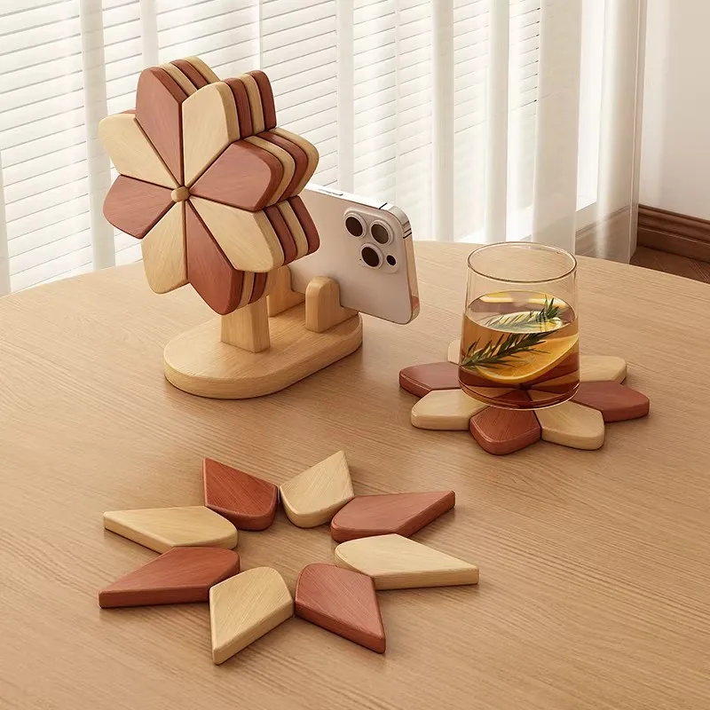 Wooden Windmill Coaster & Phone Stand, Heat Resistant Trivet for Cups/Pots, Foldable Table Decor