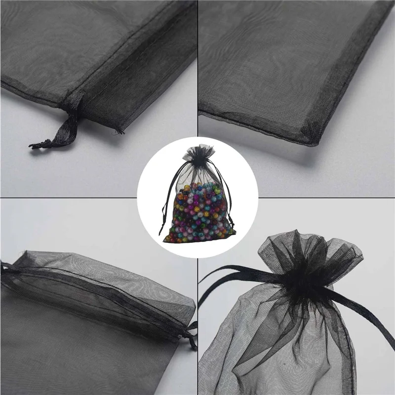 ABHU 200 قطعة أكياس هدايا الأورجانزا السوداء 9X12cm ، أكياس هدايا الزفاف الشبكية مع الرباط للمجوهرات ماكياج الحلوى استحمام الطفل
