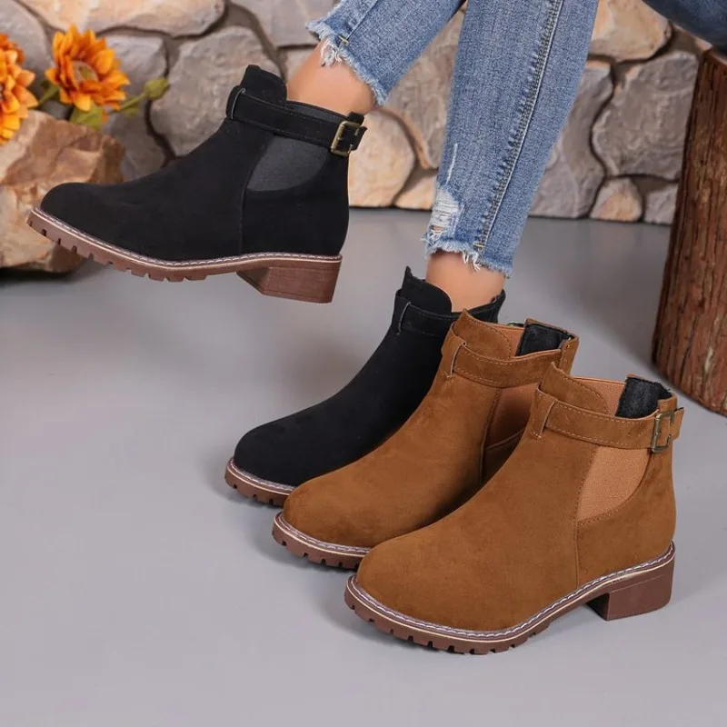 Women Round Toe Belt Buckle Mid Square Heel Ankle Boots British Elegant Comfortable Women Shorts Boots Autumn Winter Boots Mujer