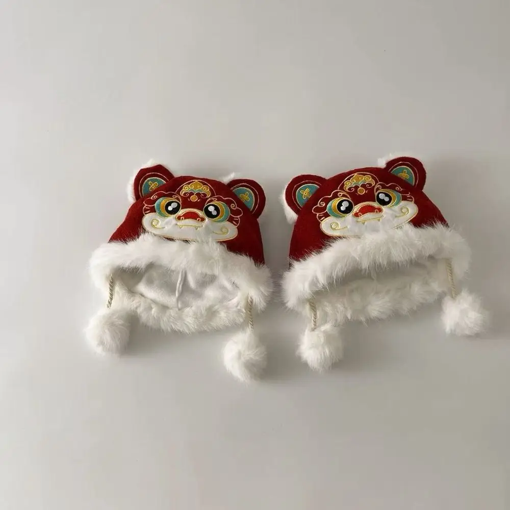 

Kawaii наушники, детская шапка для танца льва, утолщенные плюшевые шапочки в китайском стиле, милая мягкая новогодняя красная кепка, уличная одежда