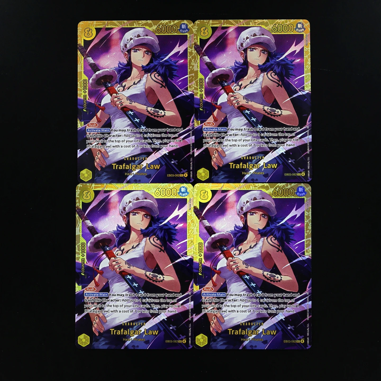 

Набор из 4 карт EB03-062 Law SEC One Piece TCG OPCG, английская версия, 8 Cost, Желтый Лоу, текстурированная фольга, тисненая карта, коллекционные аниме-карты