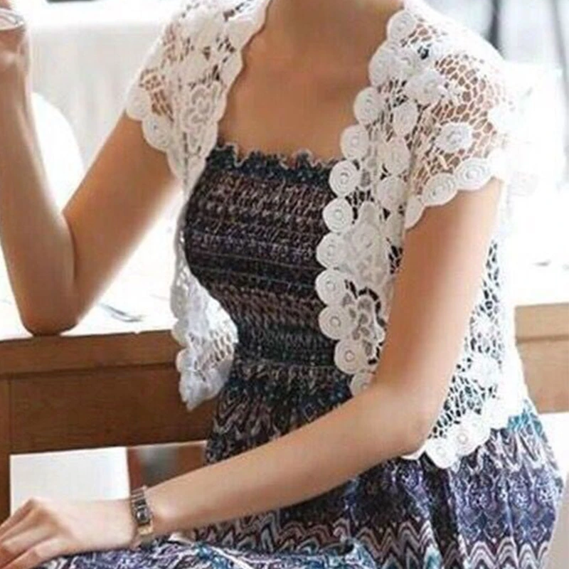 Women Short Sleeve Crochet Shrugs Hollow Out Flower Lace Open Front Cropped Cardigan Sunscreen Scalloped Bolero Jacket