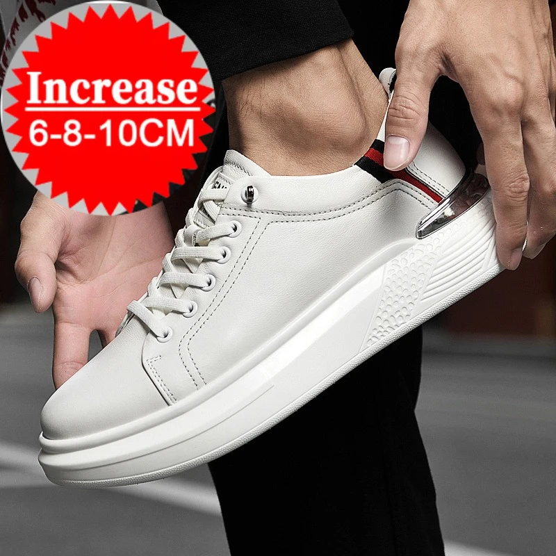 Genuine Leather Men's Height-enhancing Shoes Men's White Sneakers Men's Elevator Height-increasing Insoles 6/8 Cm Sports Shoes