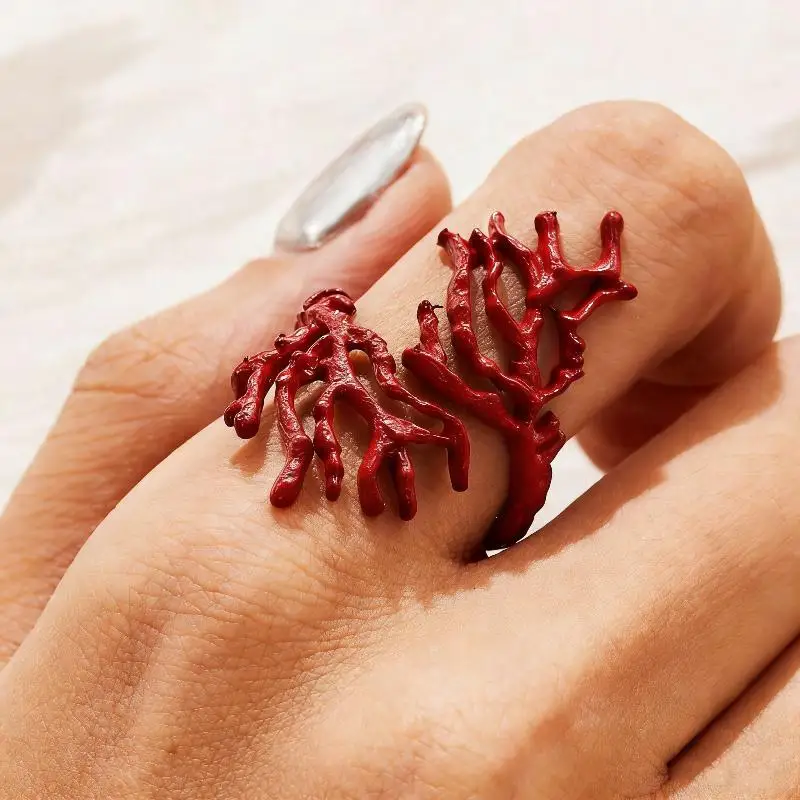 Women Exaggerated Punk Rings Coral Shaped Fashion Jewelry for Night Out