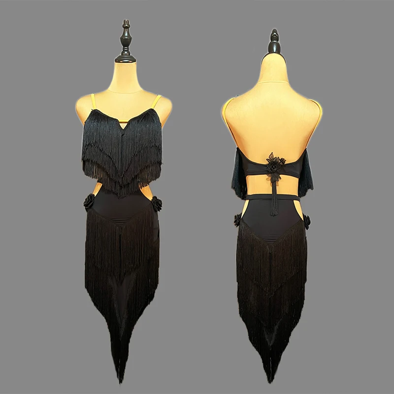 

Latin Dance Costume Adult Black Sleeveless Tassels Practice Dress Women Dancing Performance Training Clothing Tops Skirt XH3022