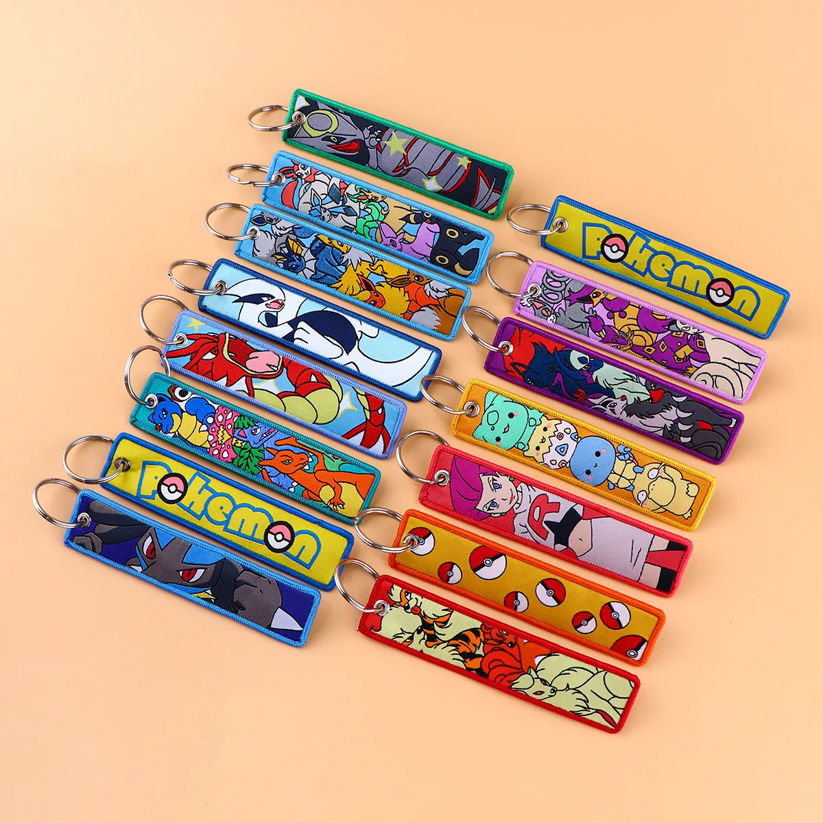 Pokemon Cartoon Cloth Keychain Anime Figures Eevee Pikachu Gengar Snorlax Woven Fabric Cute Key Chain Backpack Pendant Ornament