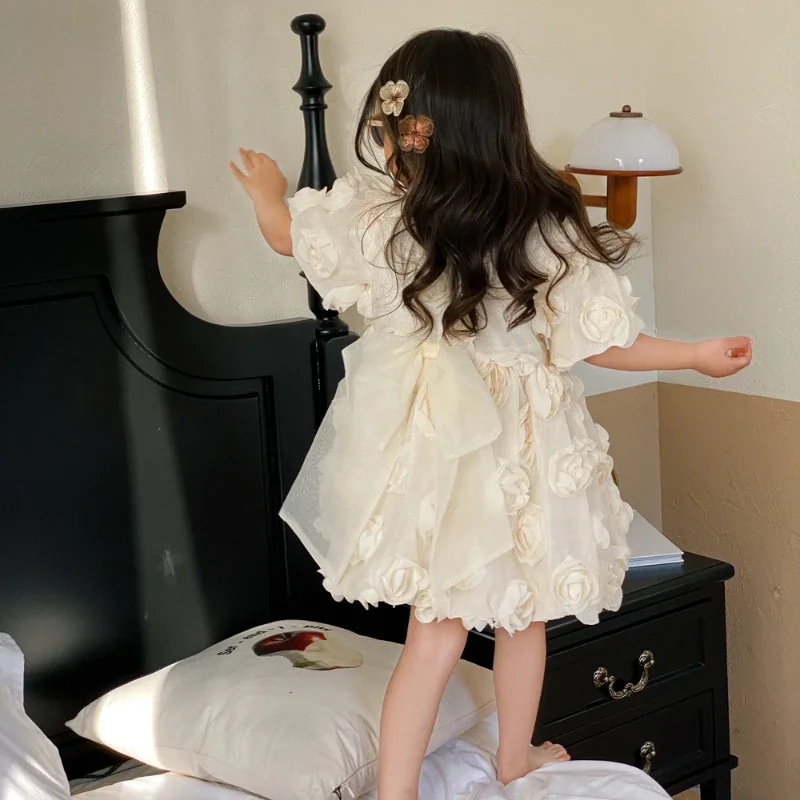 Children Clothing Korean Kids Clothes 2023 Spring and Summer Girls Flower Princess Dress Short Sleeve Sweet Cute Elegant Dress