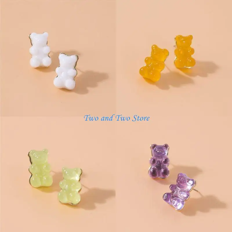 HX6F 8 Pairs Sweet Candy Color Gummy Bear Earrings Resin Bear Post Earrings Set